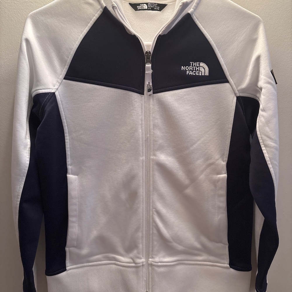 The North Face Navy Blue and white Zip-Up Jacket girls large